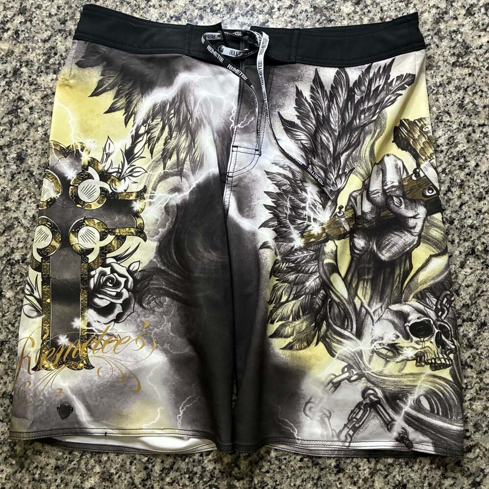 Remetee Mens Board Shorts Graphic Print with Cross and Skull Design Size 36